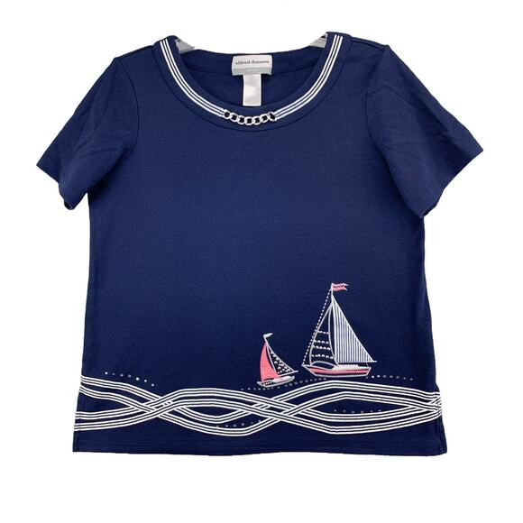 ALFRED DUNNER Womens Blouse Top Petite Small Blue Embellished Sailing Boat - Picture 1 of 10